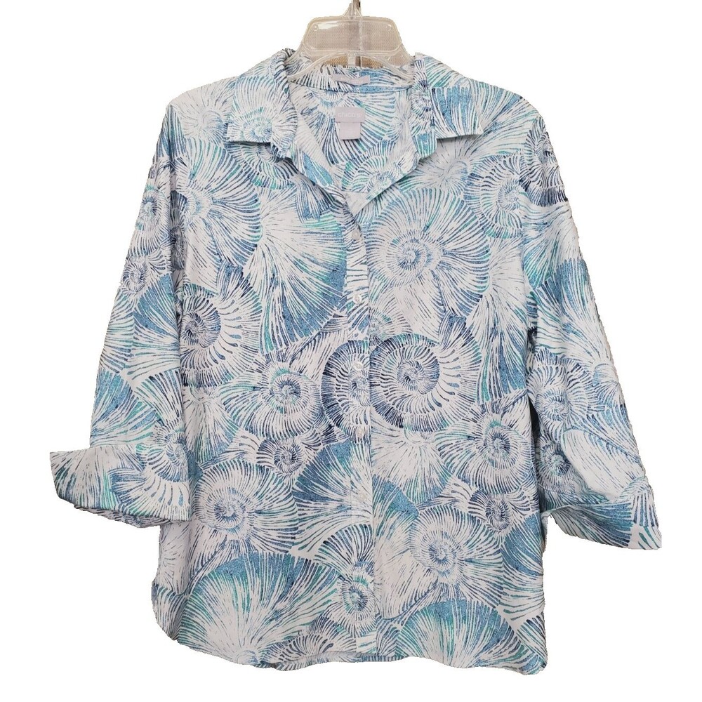 Chico's Non Iron Chic Stretch Fossil Finds 3/4 Sleeve Button-Up Top Size 2 Large